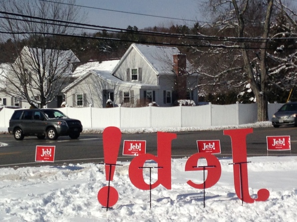Signs outside a Jeb Bush event in Bedford, New Hampshire.